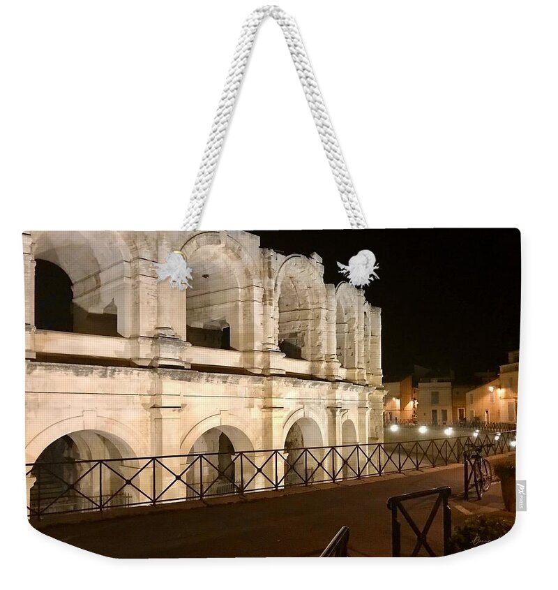 Roman Weekender Tote Bag featuring the photograph Arles Roman Arena at Night by Donna Martin