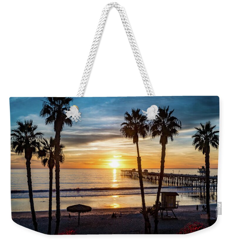 Beach Weekender Tote Bag featuring the photograph San Clemente Pier at Sunset by David Levin