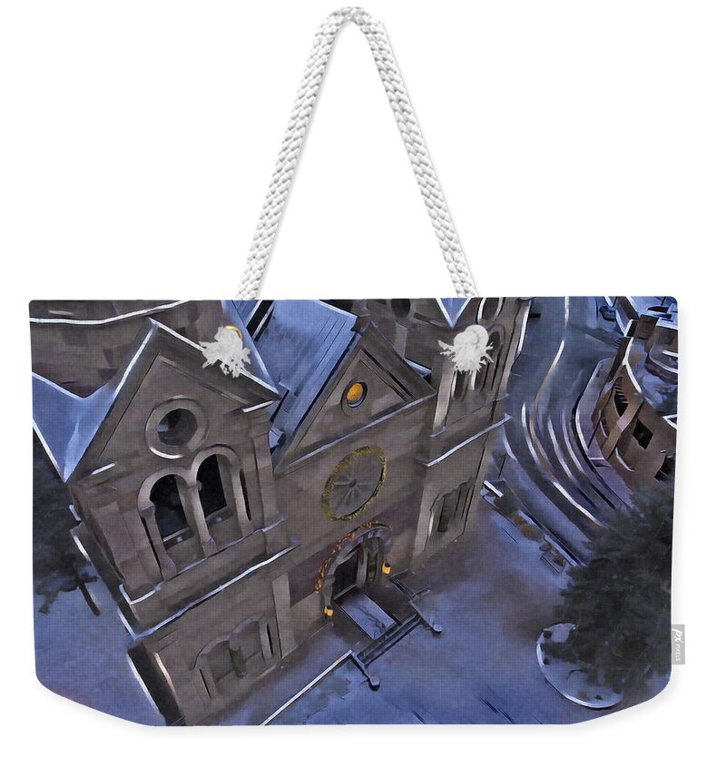 Church Weekender Tote Bag featuring the digital art Santa Fe Cathedral #3 by Aerial Santa Fe