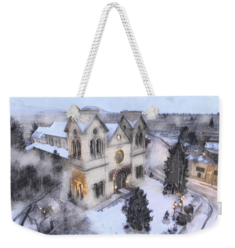 Church Weekender Tote Bag featuring the digital art Santa Fe Cathedral by Aerial Santa Fe