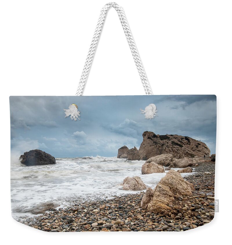 Paphos Weekender Tote Bag featuring the photograph Seascapes with windy waves. Rock of Aphrodite Paphos Cyprus by Michalakis Ppalis