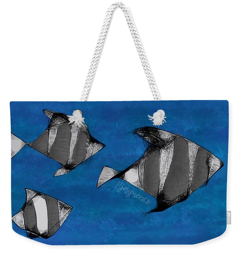 Blue Weekender Tote Bag featuring the digital art Silver barbs in hurry by Ljev Rjadcenko