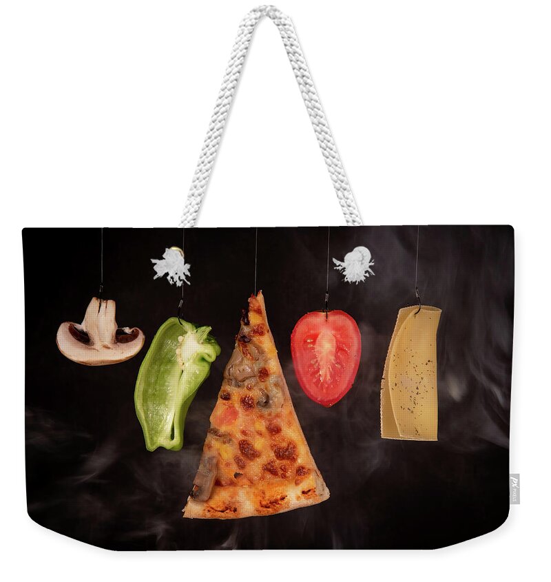 Pizza Weekender Tote Bag featuring the photograph Slice of mozzarella pizza tomato cheese peeper and mushroom ingredients by Michalakis Ppalis