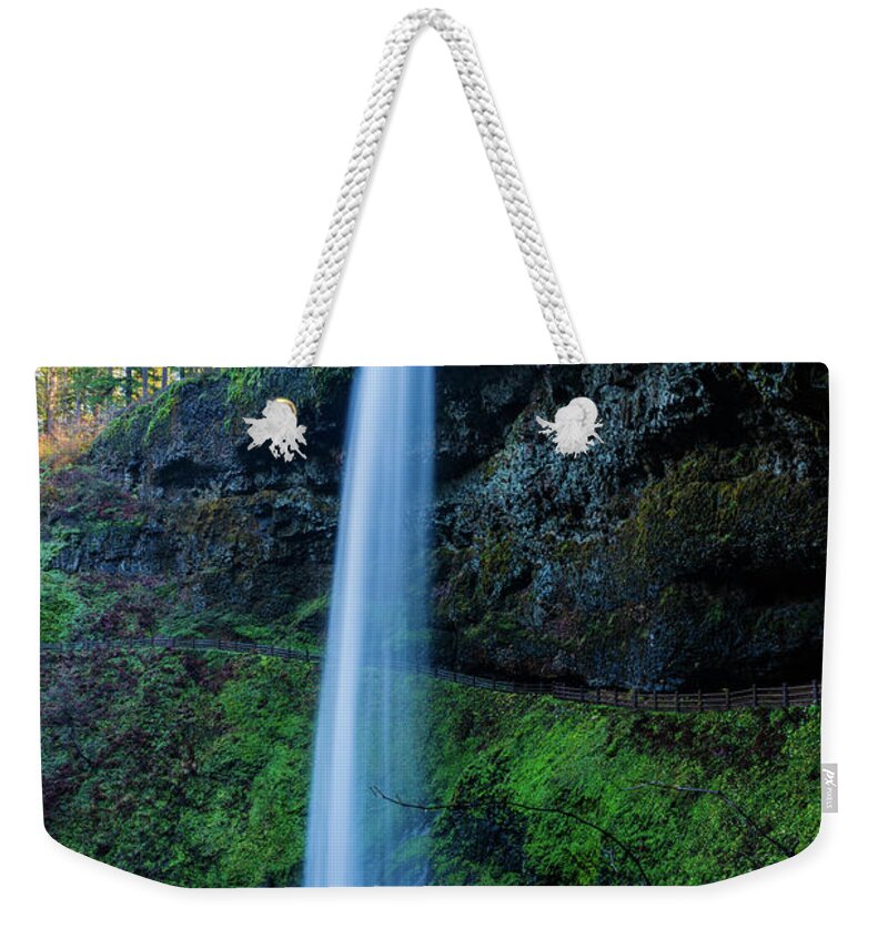 Silver Falls State Park; South Falls; South; Falls; Outdoor; Hike; Waterfall; Oregon; Winter; Sunset; River; Green; Tree; Star Sun; Beautiful; Silk; Silky; Weekender Tote Bag featuring the digital art South Falls in Winter #1 by Michael Lee
