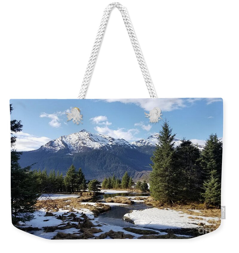 #alaska #ak #juneau #cruise #tours #vacation #peaceful #sealaska #southeastalaska #calm #mendenhallglacier #glacier #capitalcity #dredgelakes #forrest #stream #hike #hiking #snow #cold #clouds #spring #mtmcginnis #sprucewoodstudios Weekender Tote Bag featuring the photograph Spring at Mt. McGinnis by Charles Vice