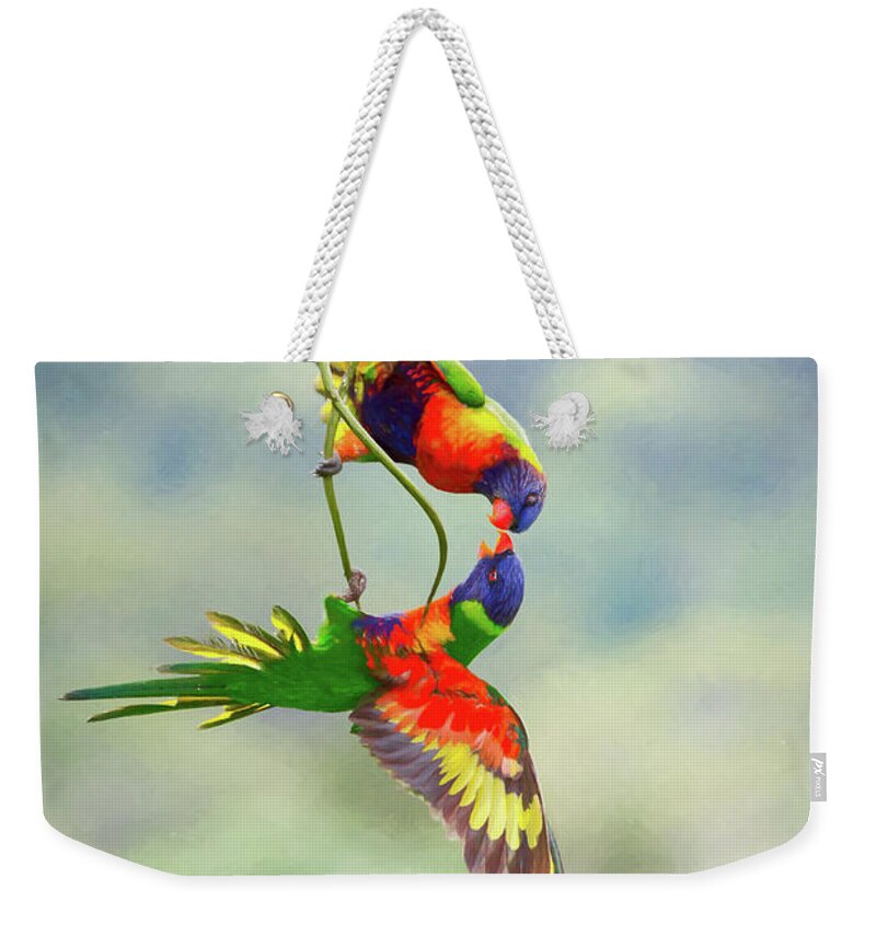 Squabbling Rainbow Lorikeets Weekender Tote Bag featuring the photograph Squabbling rainbow lorikeets #1 by Sheila Smart Fine Art Photography