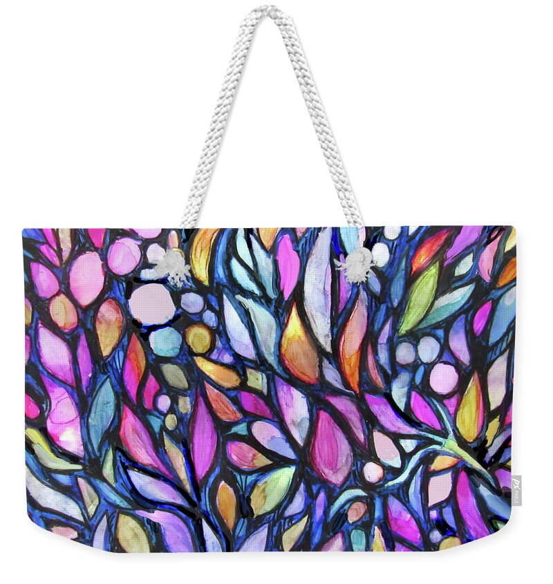 Stained Glass Designs Weekender Tote Bag featuring the painting Stained Glass Flowers #1 by Jean Batzell Fitzgerald