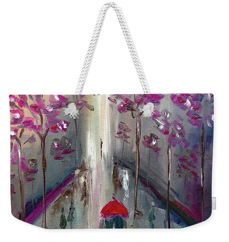 Romantic Weekender Tote Bag featuring the painting Strolling by Roxy Rich