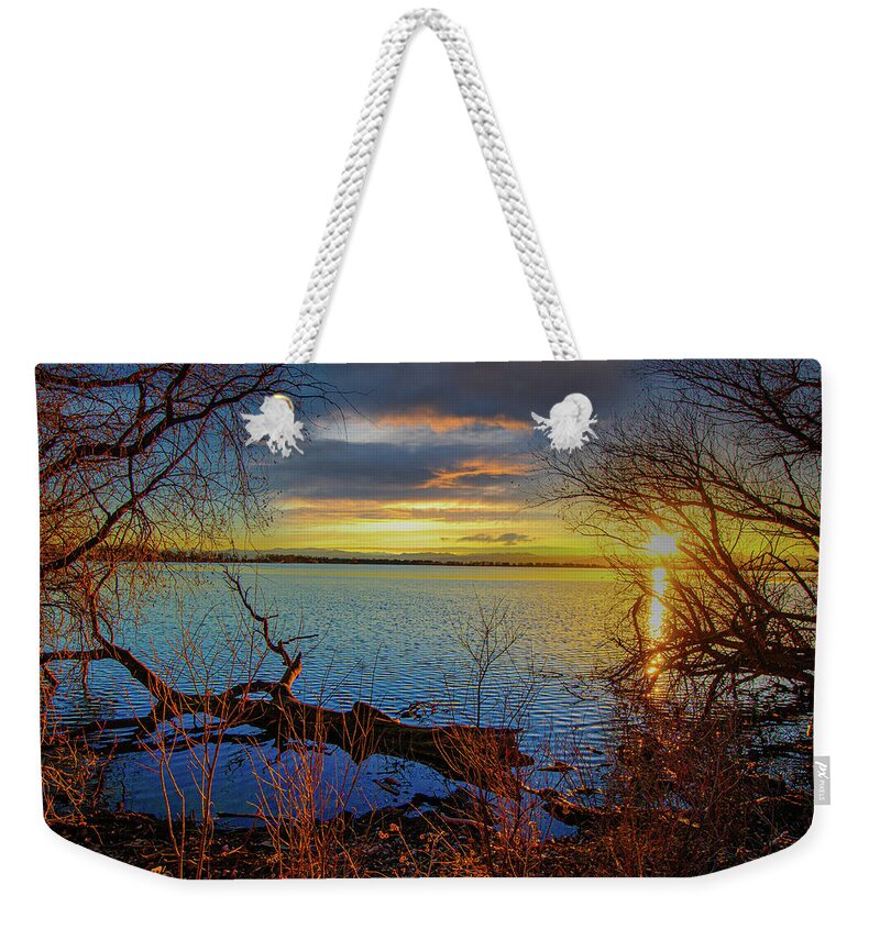 Autumn Weekender Tote Bag featuring the photograph Sunset Over Lake Framed By TreesSunset Over Lake Framed By Trees by Tom Potter
