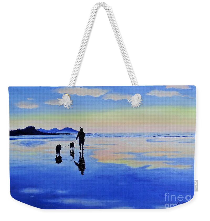 Rockaway Beach Weekender Tote Bag featuring the painting Sunset stroll by Lisa Rose Musselwhite