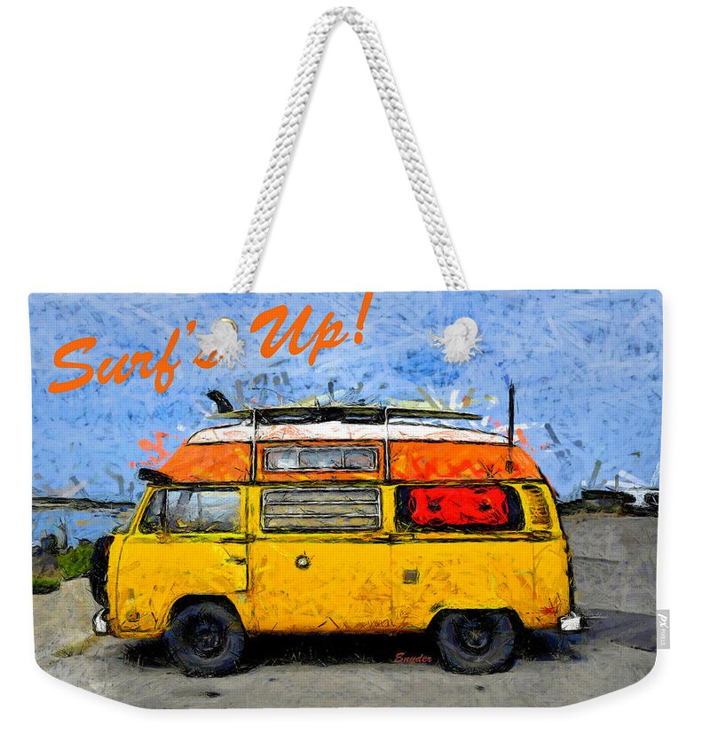 Surf's Up Vw Bus Camper Van Morro Bay. Surf's Up Weekender Tote Bag featuring the photograph Surf's Up VW Bus Camper Van Morro Bay #1 by Floyd Snyder