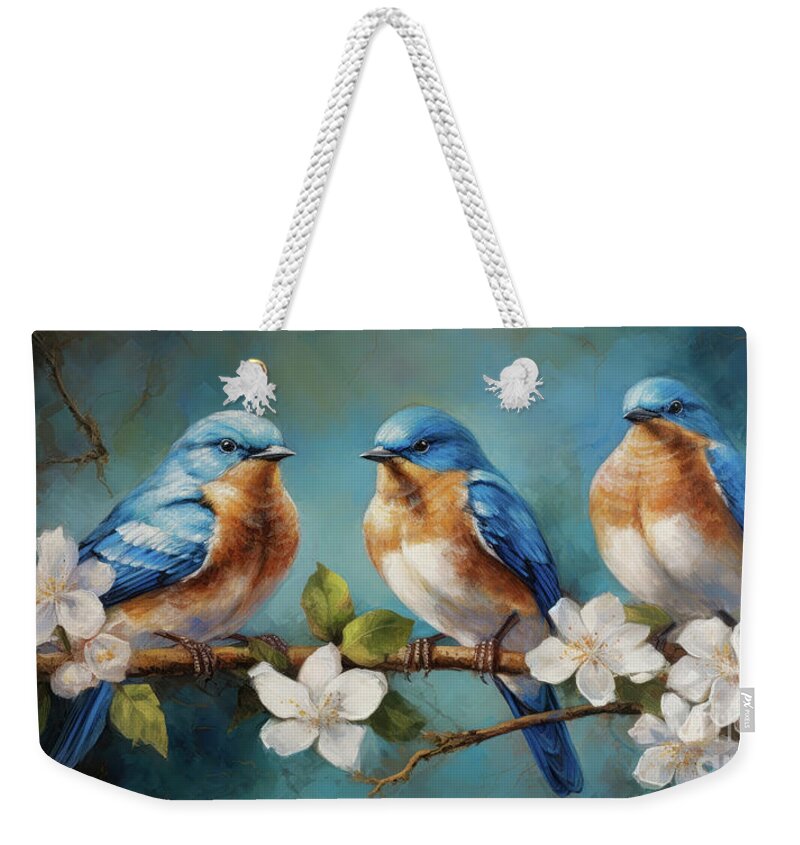 Bluebirds Weekender Tote Bag featuring the painting Three Beautiful Bluebirds #2 by Tina LeCour