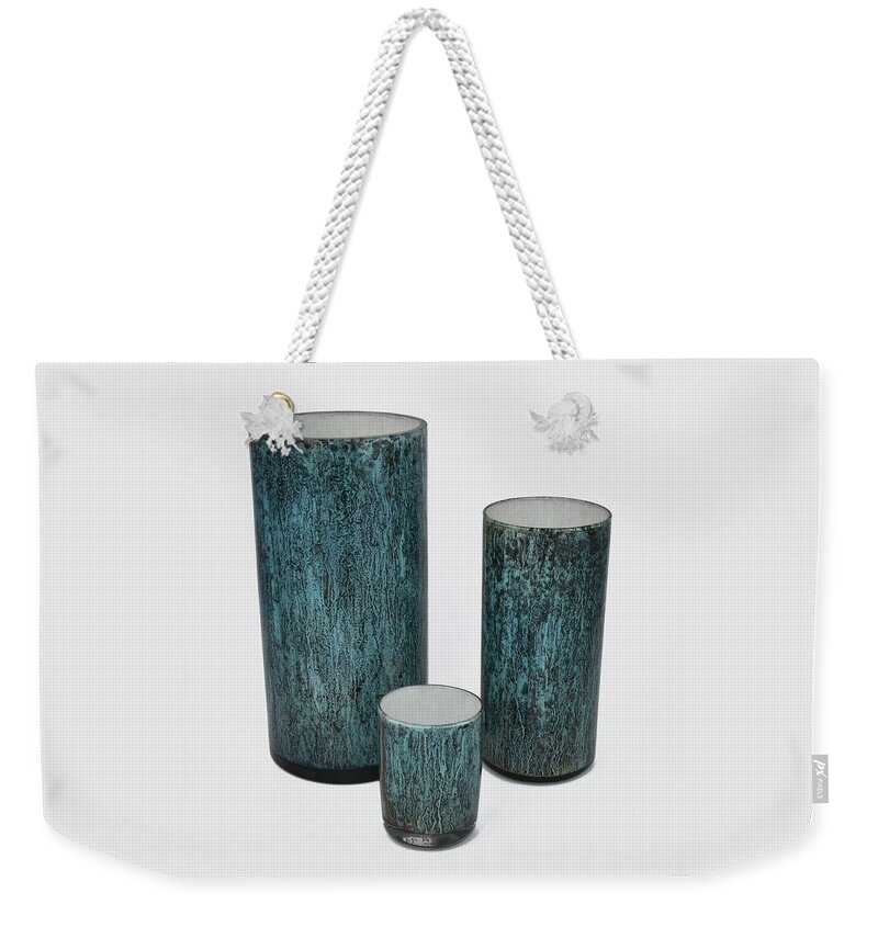 Glass Weekender Tote Bag featuring the glass art Three Blue Cylinders by Christopher Schranck