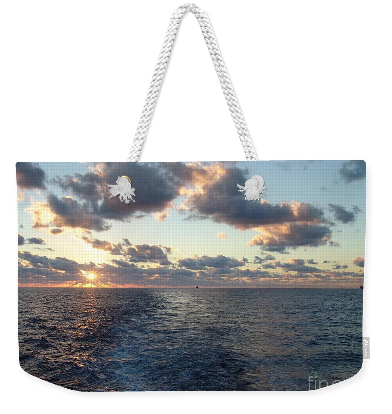 #gulfofmexico #underway #highseas #evening #dusk #sunset #nightfall #clouds #cloudy #tealskies #peachskies #wake #sprucewoodstudios Weekender Tote Bag featuring the photograph Trails in the Sea by Charles Vice