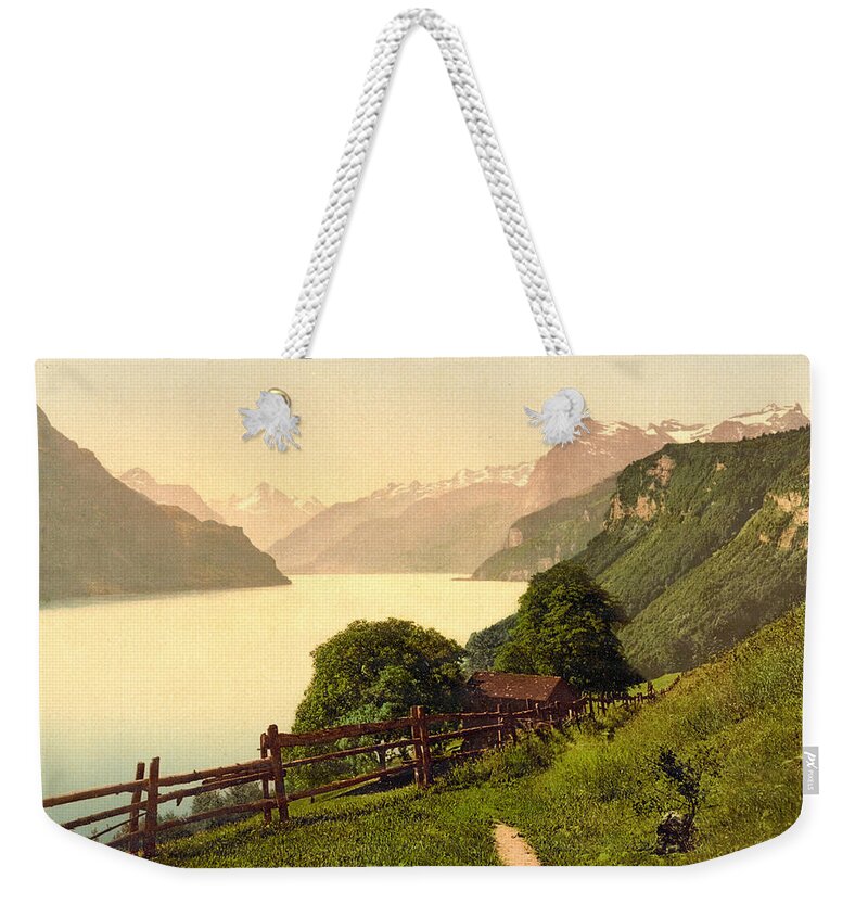 Illustration Weekender Tote Bag featuring the painting Urnersee General View Lake Lucerne Switzerland #1 by MotionAge Designs