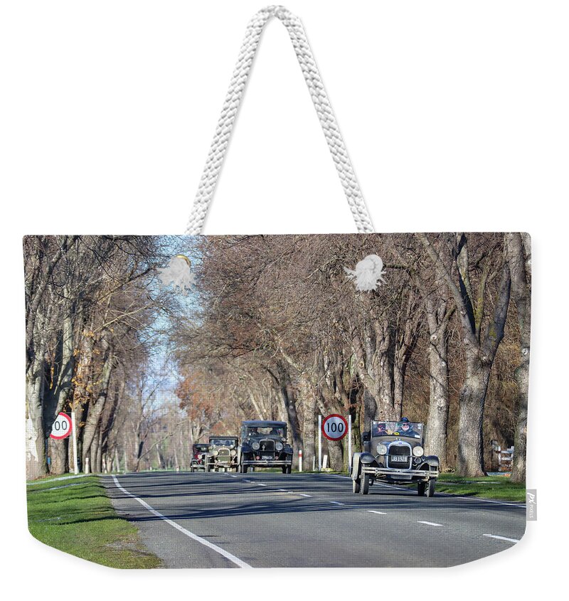 Vintage Weekender Tote Bag featuring the photograph Vintage Car Rally in South Island , New Zealand #1 by Pla Gallery
