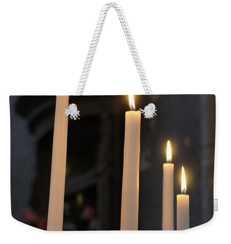 France Weekender Tote Bag featuring the photograph Votive candles, Nevers Cathedral -Cathedrale Saint-Cyr-et-Sainte-Julitte de Nevers-, Nevers, Nievre, Burgundy, France #1 by Kevin Oke