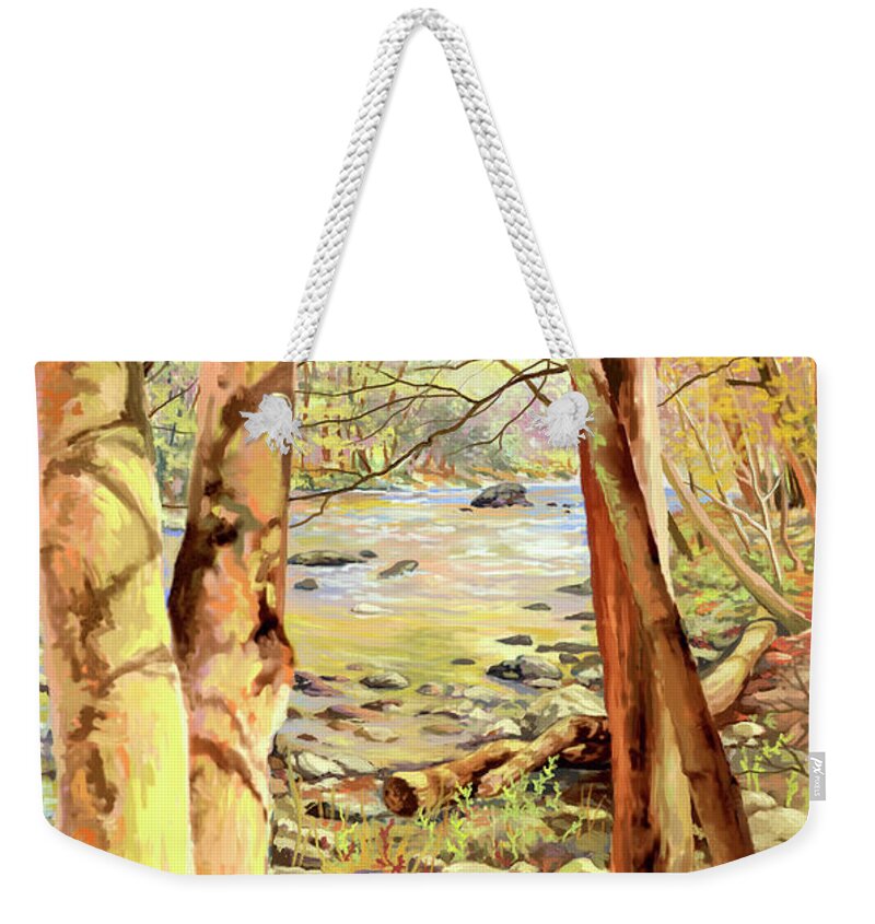 Nature Weekender Tote Bag featuring the painting Watching the river run #1 by Hans Neuhart