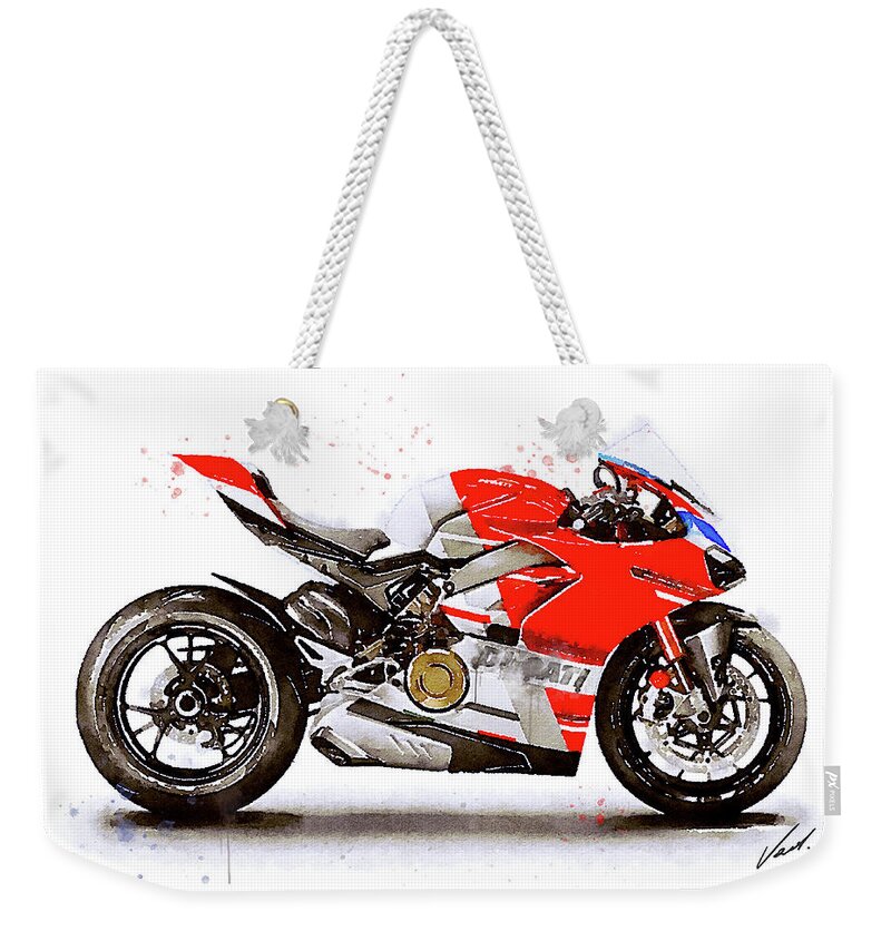 Sport Weekender Tote Bag featuring the painting Watercolor Ducati Panigale V4S motorcycle, oryginal artwork by Vart by Vart Studio
