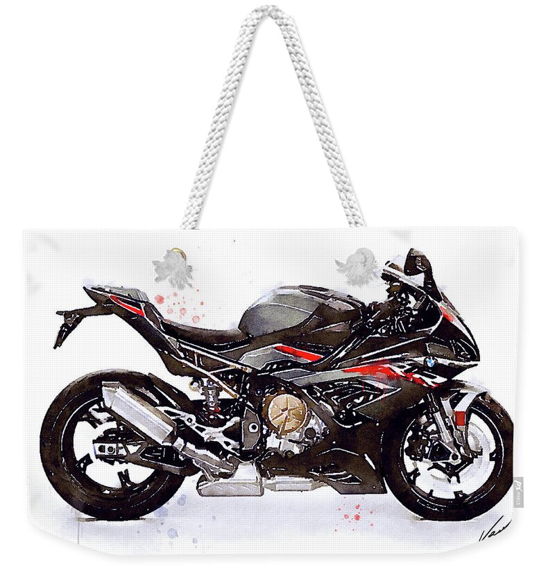 Sport Weekender Tote Bag featuring the painting Watercolor Motorcycle BMW S1000RR - original artwork by Vart. by Vart Studio
