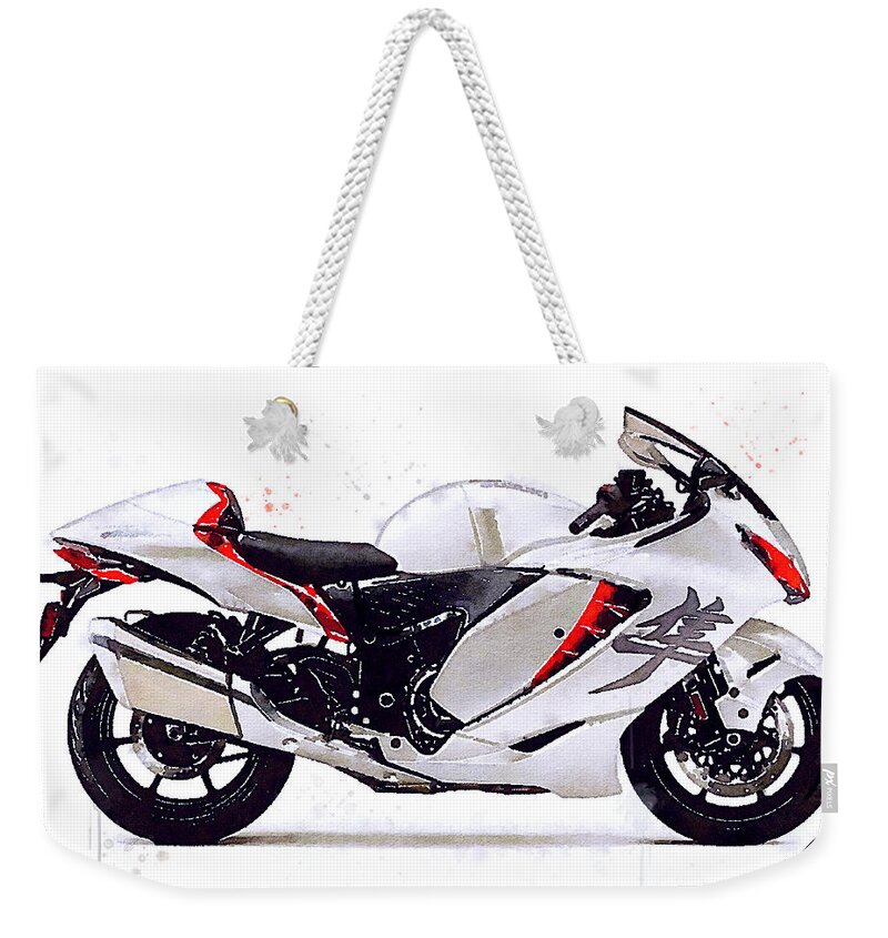Sport Weekender Tote Bag featuring the painting Watercolor Suzuki Hayabusa GSX 1300R motorcycle - oryginal artwork by Vart. by Vart Studio