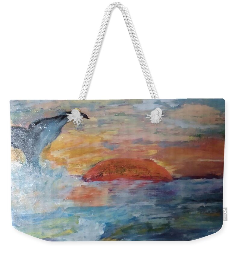 Whale Weekender Tote Bag featuring the painting Whale at Sunset by Suzanne Berthier