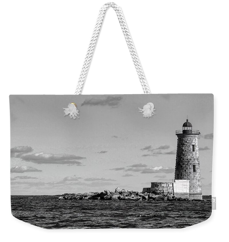 Black And White Weekender Tote Bag featuring the digital art Whaleback Lighthouse - Kittery, Maine #1 by Deb Bryce