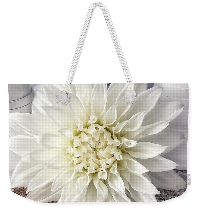 Flower Weekender Tote Bag featuring the photograph White Dahlia #1 by Steph Gabler