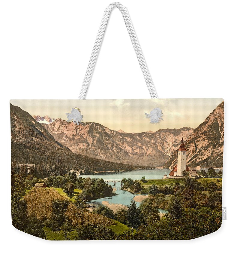 Antique Weekender Tote Bag featuring the painting Wocheiner Lake Carniola Austro Hungary #1 by MotionAge Designs