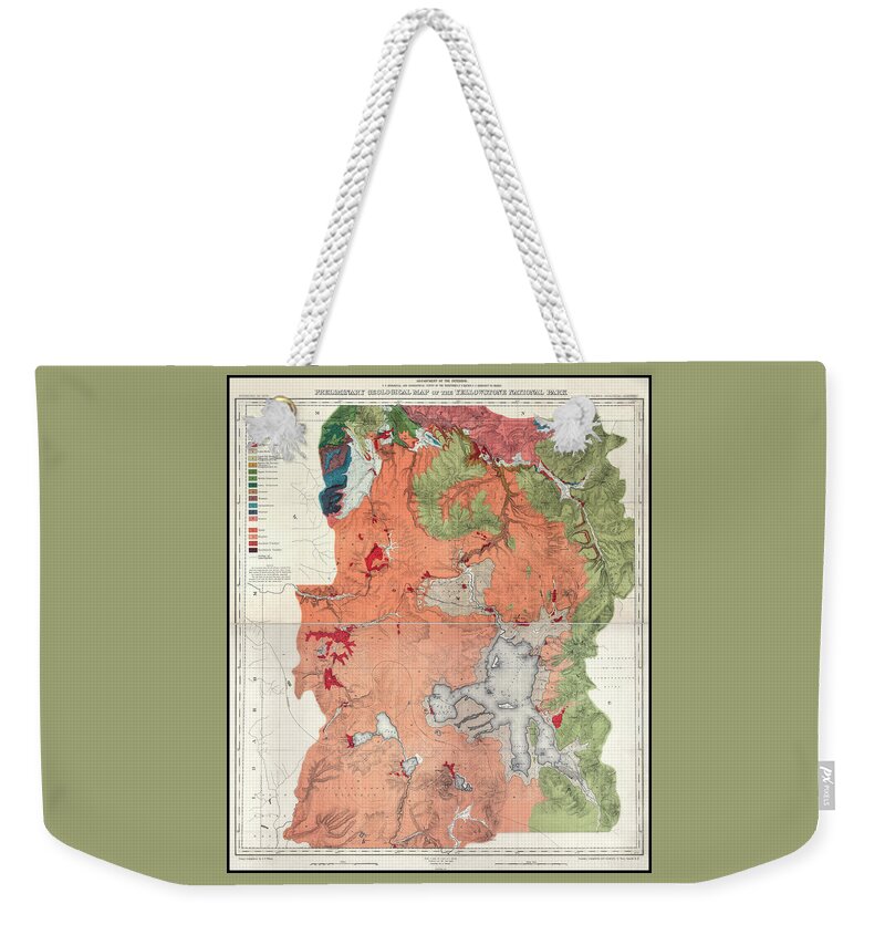 Yellowstone Weekender Tote Bag featuring the photograph Yellowstone National Park Vintage Preliminary Geological Map 1878 #2 by Carol Japp