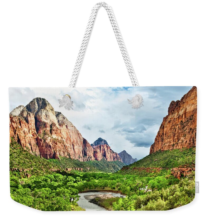 Cactus Weekender Tote Bag featuring the photograph Zion Canyon and the Meandering Virgin River at Dusk #1 by Jeff Goulden