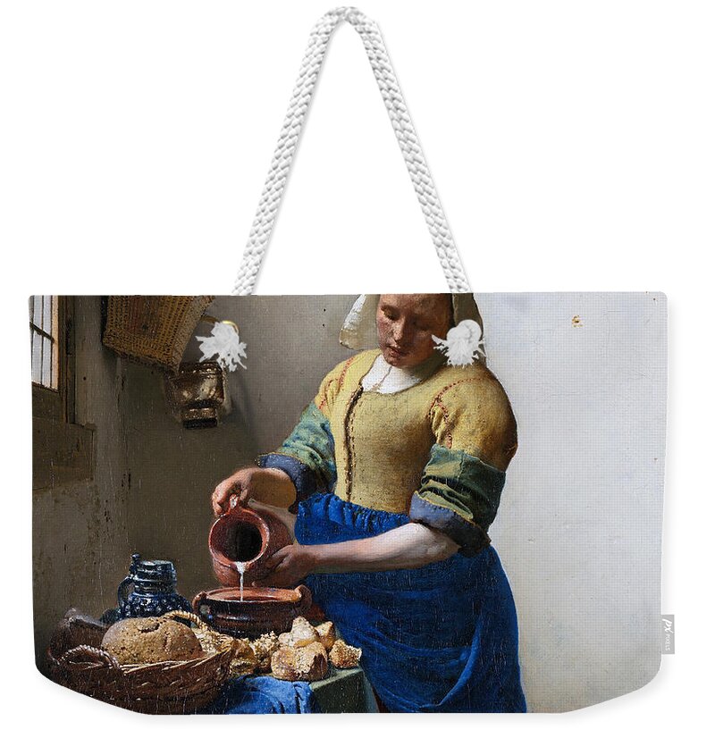 1657 Weekender Tote Bag featuring the painting The Milkmaid #10 by Johannes Vermeer