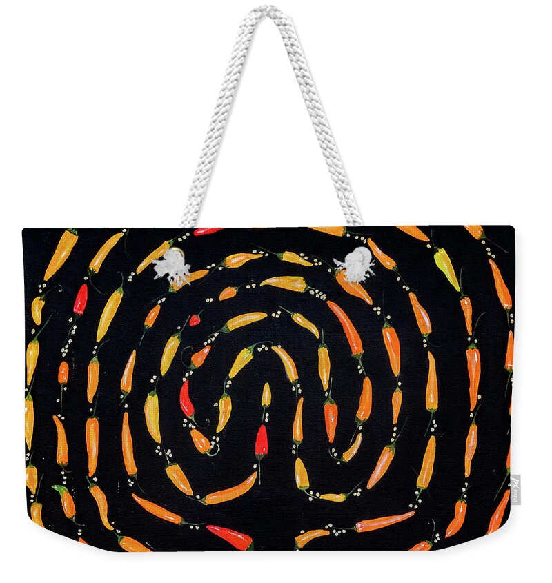 Chilis Weekender Tote Bag featuring the painting 100 Chili Labyrinth by Cyndie Katz