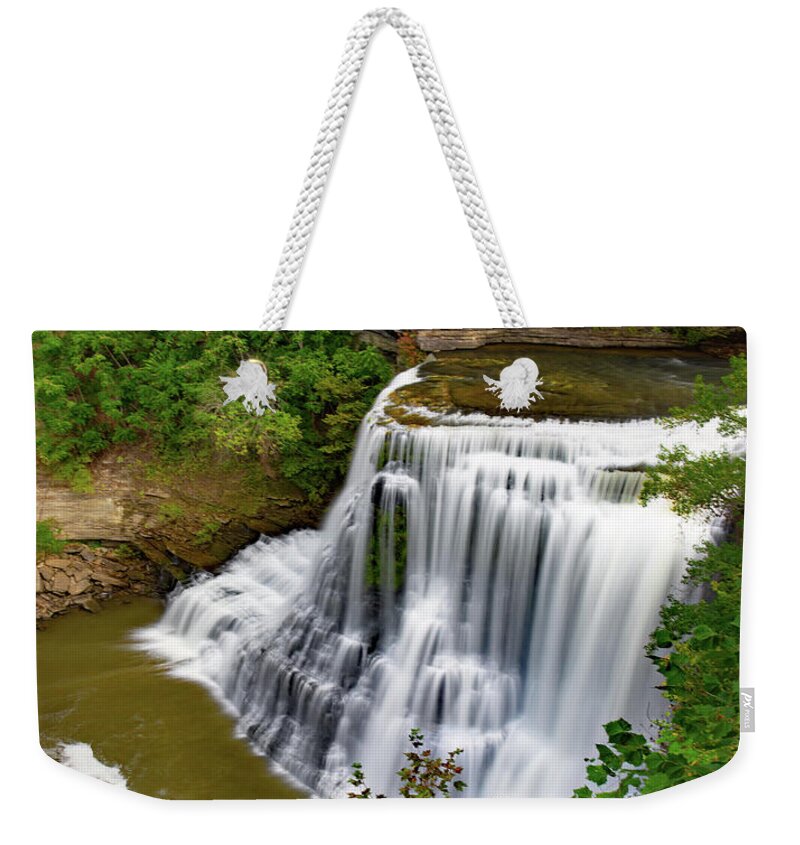 Falls Weekender Tote Bag featuring the photograph 136 Feet by Gina Fitzhugh