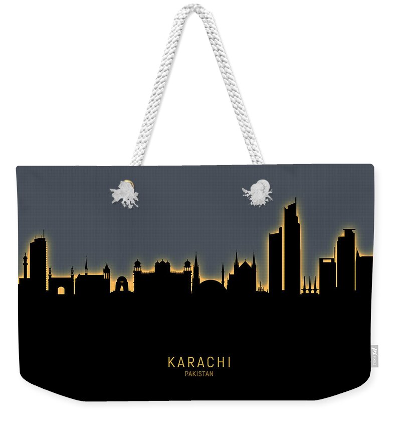 Karachi Weekender Tote Bag featuring the digital art Karachi Pakistan Skyline by Michael Tompsett