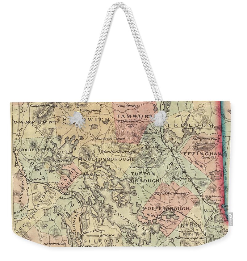 Hampshire Weekender Tote Bag featuring the photograph 1870s New Hampshire Lake Country Map New England by Toby McGuire