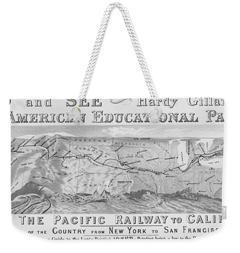 Arkansas Weekender Tote Bag featuring the photograph 1880 Historical Over the Pacific Railway to California Map Black and White by Toby McGuire