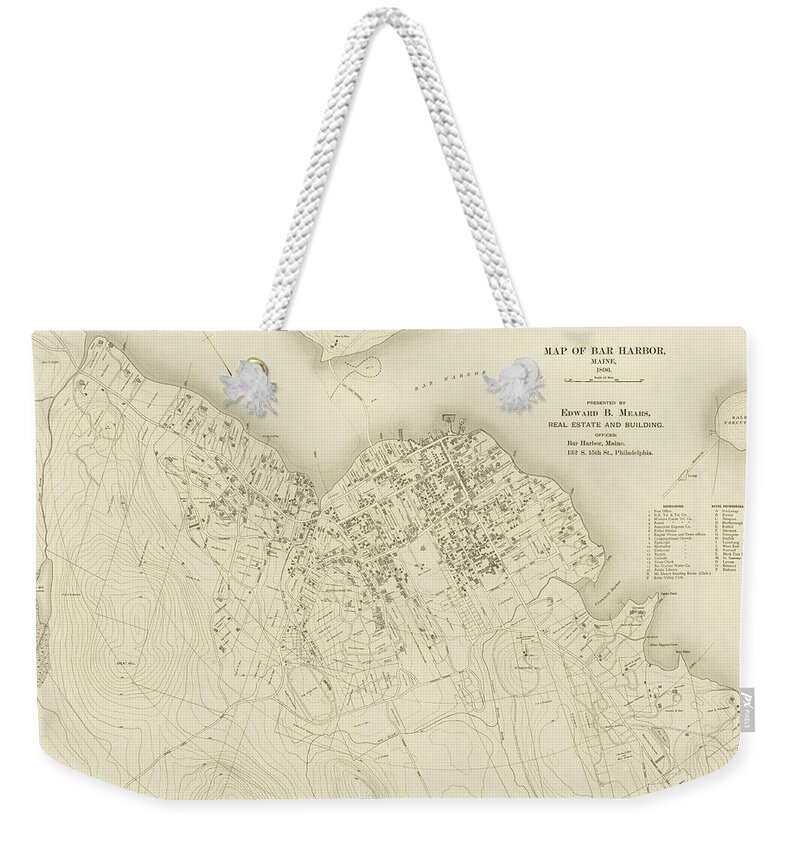 Maine Weekender Tote Bag featuring the photograph 1896 map of Bar Harbor Maine Historical Map Sepia by Toby McGuire