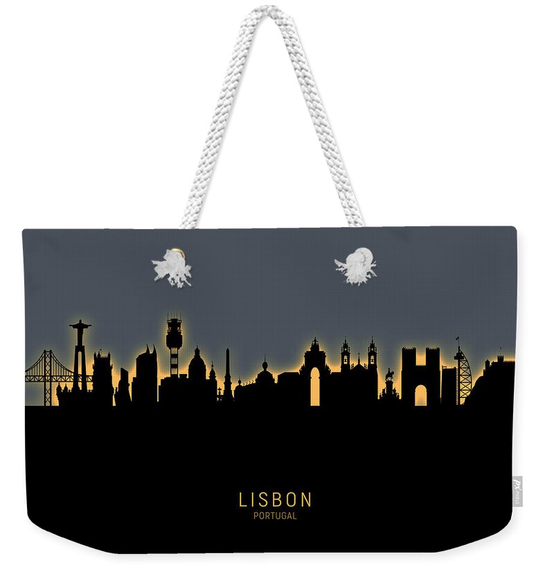 Lisbon Weekender Tote Bag featuring the digital art Lisbon Portugal Skyline #19 by Michael Tompsett