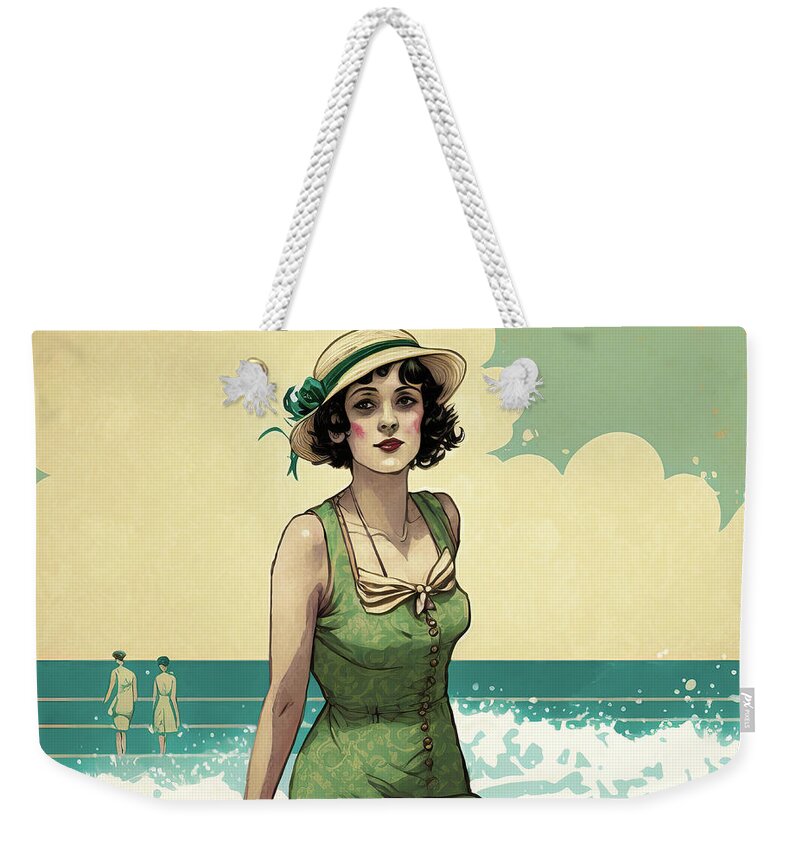 Flapper Weekender Tote Bag featuring the digital art 1920s Flapper Woman at the Beach 01 by Matthias Hauser