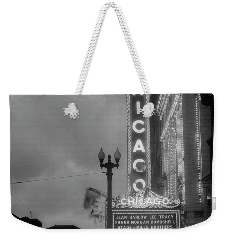 1930s 1933 night scene of Chicago movie theater on State Street marquee  announcing Jean Harlow Weekender Tote Bag
