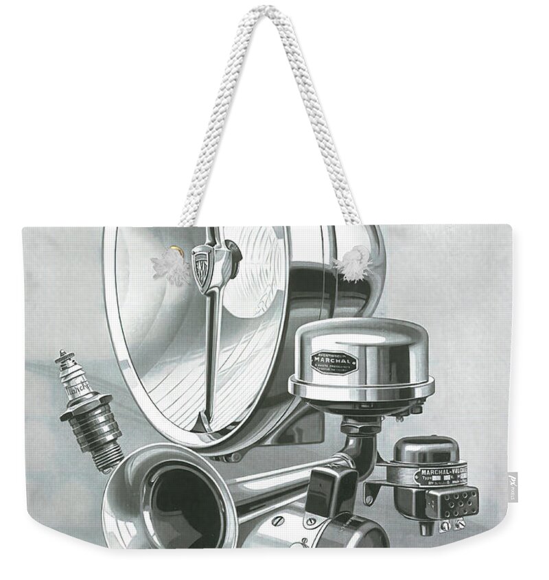 Marchal Weekender Tote Bag featuring the mixed media 1930s advertisement Marchal lamps and horns by Retrographs