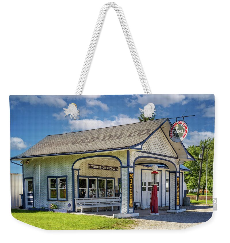 Standard Oil Gas Station Weekender Tote Bag featuring the photograph 1932 Standard Oil Gas Station - Odell, Illinois - Route 66 by Susan Rissi Tregoning