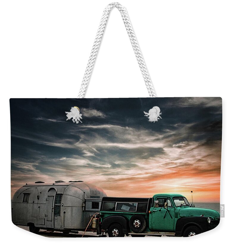Car Weekender Tote Bag featuring the photograph 1943 Ford With Airstream Trailer by Rene Vasquez