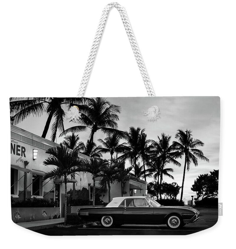 Palms Weekender Tote Bag featuring the photograph 1950s Diner and T-Bird Bw by Laura Fasulo