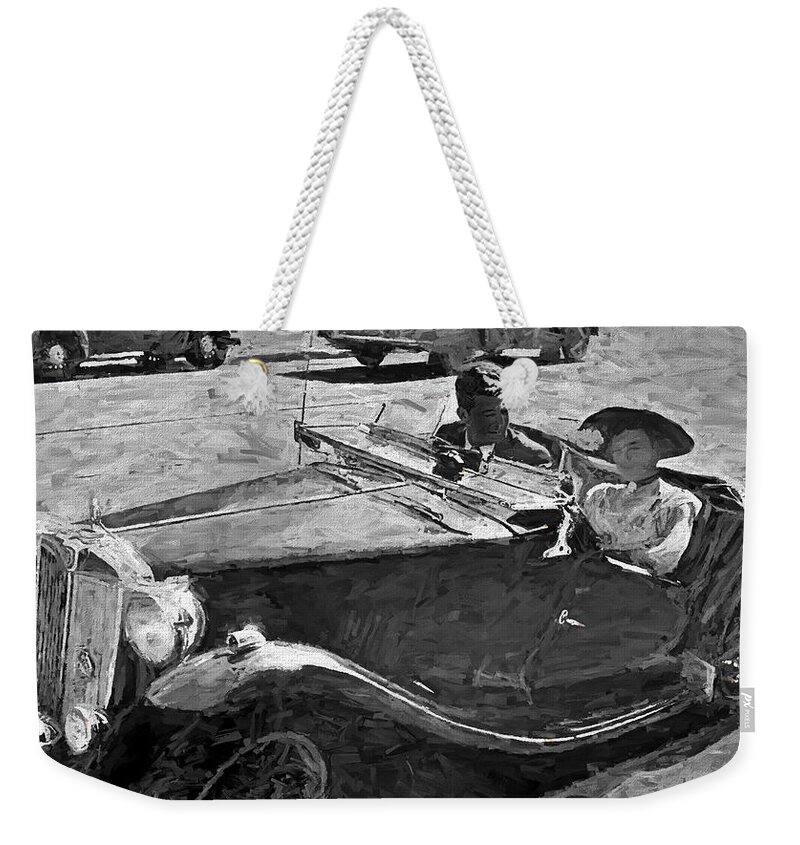1950s Weekender Tote Bag featuring the mixed media 1950s Melbourne Couple In Classic MG Car by Joan Stratton