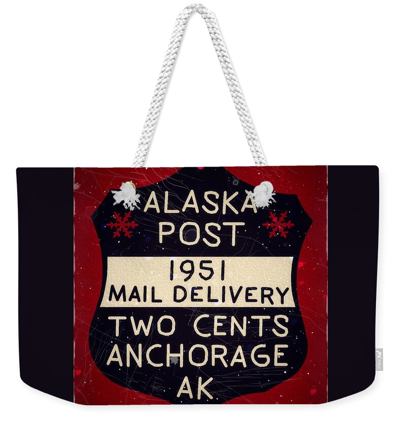 Dispatch Weekender Tote Bag featuring the digital art 1951 Union PO - Anchorage Alaska - 2cts. Local Mail Delivery - Bear Claw Red - Mail Art Post by Fred Larucci