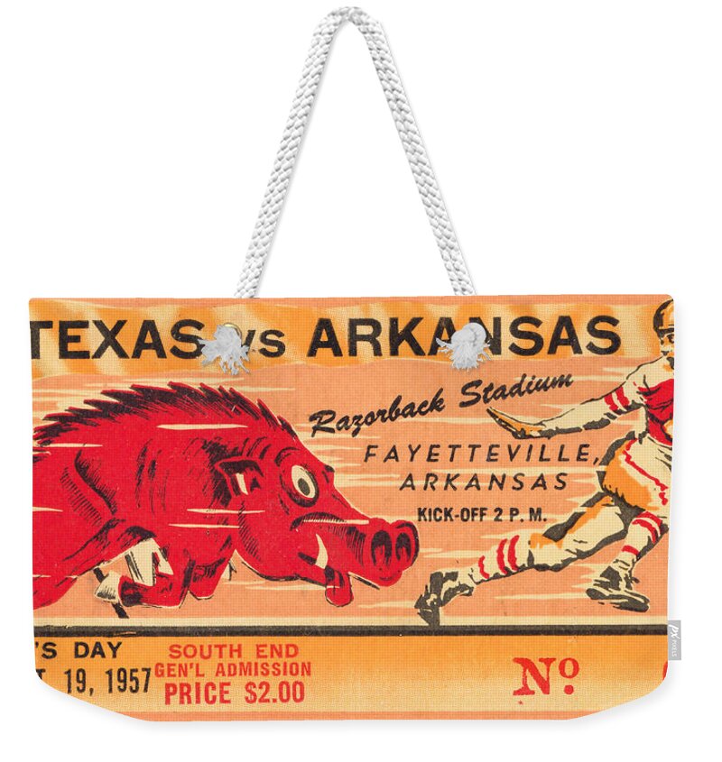 Arkansas Football Weekender Tote Bag featuring the mixed media 1957 Arkansas vs. Texas by Row One Brand