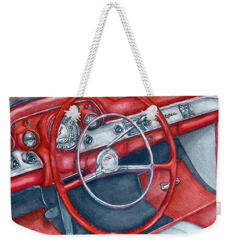 Chevy Bel Air Weekender Tote Bag featuring the painting 1957 Chevy Bel Air by Kelly Mills
