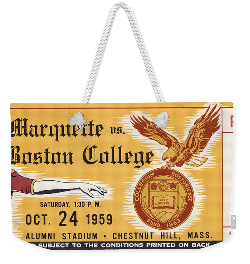 Boston College Weekender Tote Bag featuring the mixed media 1959 Marquette vs. Boston College by Row One Brand